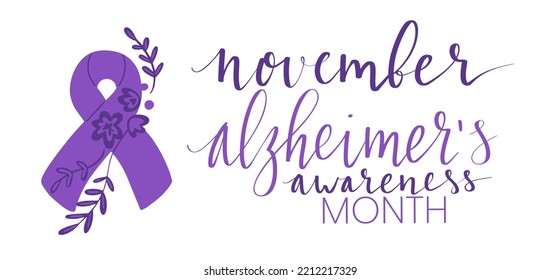 Alzheimers awareness month Novermber handwritten lettering. Purple support ribbon. Web banner vector template