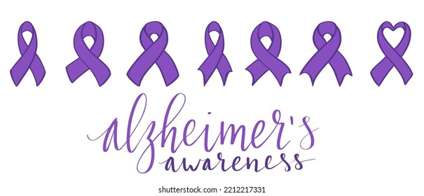 Alzheimers awareness month Novermber handwritten lettering. Purple support ribbon. Web banner vector template