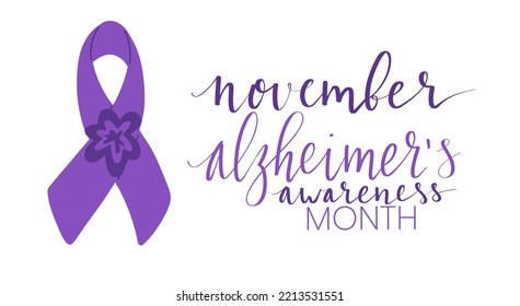 Alzheimers awareness month Novermber handwritten lettering. Purple support ribbon. Web banner vector template