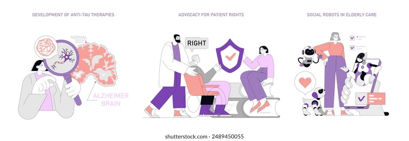 Alzheimer's Awareness set. Research on anti-tau therapies, patient rights advocacy, and robotic assistance in elderly care. Health, dignity, and technology merge. Vector illustration.