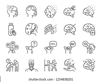 Alzheimer's & Brain Awareness line icon set. Included the icons as Alzheimer, brain disease, Savant syndrome, mental disabilities, Down syndrome and more.