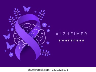 Plantilla de diseño de mes de Alzheimer y conciencia cerebral. Ilustración vectorial del Día Mundial del Alzheimer. Cinta, flor, mariposa