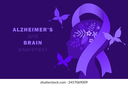 Plantilla de diseño del mes de Alzheimer y Conciencia Cerebral. Ilustración vectorial del Día Mundial del Alzheimer. Cinta, flor, mariposa