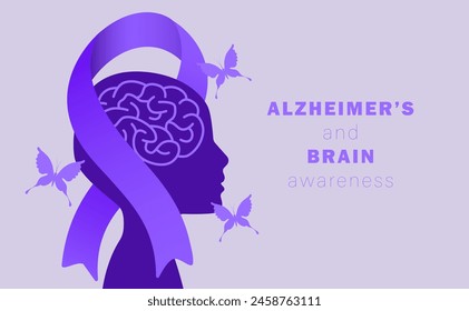 Plantilla de diseño del mes de Alzheimer y Conciencia Cerebral. Ilustración vectorial del Día Mundial del Alzheimer. Cinta, flor, mariposa