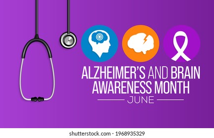 Alzheimer's and Brain awareness month is observed every year in June. it is an irreversible, progressive brain disorder that slowly destroys memory and thinking skills. Vector illustration.