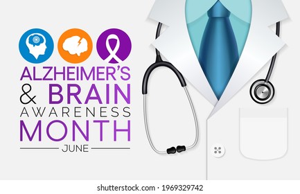 Alzheimer's and Brain awareness month is observed every year in June. it is an irreversible, progressive brain disorder that slowly destroys memory and thinking skills. Vector illustration.