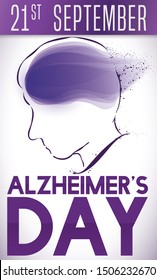 Alzheimer's Day design with purple loose-leaf calendar with man's head silhouette with fading brush strokes representing the memory loss due this disease and reminder date: 21st September.