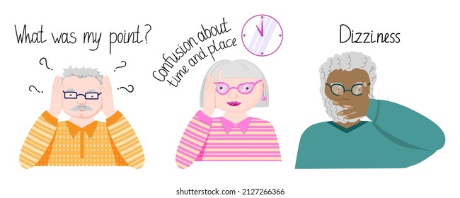 Alzheimer's dementia symptoms composition with a set of human characters of the elderly. Cute old people of different races with the same disease. September 21 is a day to fight dementia.