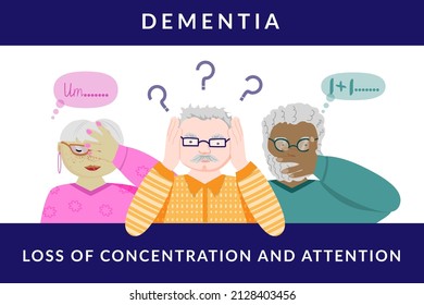 Alzheimer's dementia symptoms composition with a set of human characters of the elderly. Cute old people of different races and genders with the same disease. September 21 is a day to fight dementia.