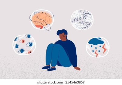 Enfermedad de Alzheimer. Joven afroamericano rodeado de síntomas de demencia: problemas de concentración, niebla cerebral, depresión, alucinación. Concepto de conciencia de la enfermedad de Alzheimer. Vector