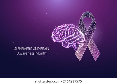 Alzheimer's Disease Awareness Month concept with human brain and purple ribbon symbolizing support and awareness on dark violet background. Futuristic glowing low polygonal style. Vector illustration.