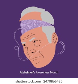 conciencia de la enfermedad de alzheimer mes de junio púrpura enredado cerebro anciano ilustración