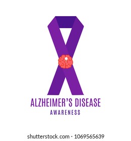 Alzheimer's disease awareness ribbon postern with purple bow and pinned brain symbol on white background. Chronic neurodegenerative disorder symbol. Minimalistic medical concept. Vector illustration.