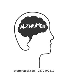 Alzheimer's disease concept with word, brain and head silhouette, face outline of a person. Mental disease and disorder, degenerative condition of the mind.