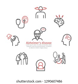 Alzheimer's disease and dementia banner. Symptoms. Line icons set. Vector signs for web graphics.