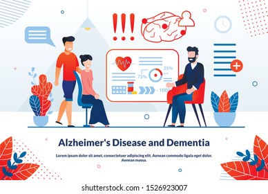 Alzheimers Disease and Dementia Problems Diagnostics, Treatment Trendy Flat Vector Vector Banner, Poster Template. Older Woman with Son Visiting Doctor, Medical Expert Consulting Patients Illustration