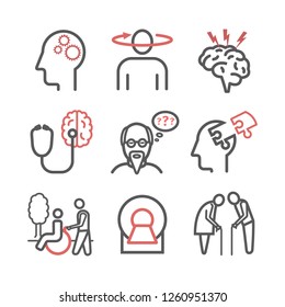 Alzheimer's disease and dementia. Symptoms. Line icons set. Vector signs for web graphics.