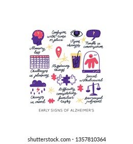 Alzheimer's disease early signs. Medicine handdrawn vector icons. Illustration made in doodle 
style, colourful design.Vector handdrawn square frame. Isolated rectangle concept.