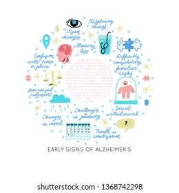 Alzheimer's disease early signs. Medicine handdrawn vector icons. Illustration made in doodle 
style, colourful design.Vector handdrawn isolated circle concept. Round frame premade design.