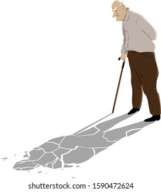 Alzheimer's disease. Elderly man looking at his shuttered shadow, EPS 8 vector illustration
