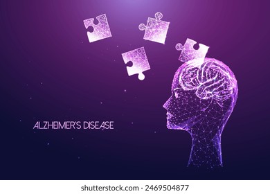 Enfermedad de Alzheimer concepto futurista con cabeza y cerebro humanos, piezas de rompecabezas que caen contra el fondo púrpura oscuro. Estilo poligonal bajo brillante. Ilustración vectorial de diseño abstracto moderno.