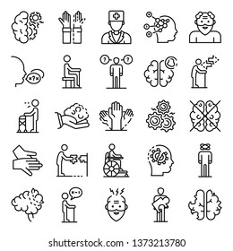 Alzheimers disease icons set. Outline set of alzheimers disease vector icons for web design isolated on white background