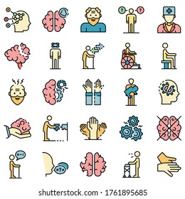 Alzheimers disease icons set. Outline set of alzheimers disease vector icons thin line color flat on white