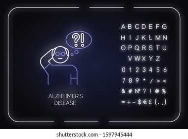 Alzheimer's disease neon light icon. Dementia. Memory loss. Trouble with thinking. Elderly person. Mental disorder. Glowing sign with alphabet, numbers and symbols. Vector isolated illustration