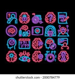 Alzheimers Disease neon light sign vector. Glowing bright icon  Brain And Drugs, Wheelchair And Man Silhouette With Alzheimers Illness Illustrations