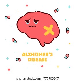 Alzheimer's disease poster. Cute unhealthy brain icon in cartoon style. Side view. Body anatomy sign. Chronic neurodegenerative disease symbol. Medical internal organ vector illustration.