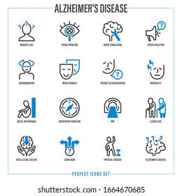 Alzheimer's disease symptoms. Memory loss, speech violation, incoordination, mood changes, irritability, orientation problems, MRI, intellectual decline. Thin line icons set. Vector illustration.