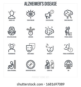 Alzheimer's disease symptoms. Memory loss, speech violation, incoordination, mood changes, irritability, orientation problems, MRI, intellectual decline. Thin line icons set. Vector illustration.