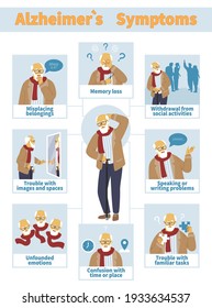 Alzheimers disease symptoms vector infographic, flat vector illustration. Senior people dementia of Alzheimer type, memory loss. Elderly brain disorder health problems.