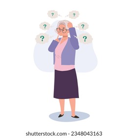 Alzheimer's in elderly concept. Senior Woman with Aging and Memory Loss. Flat vector cartoon illustration