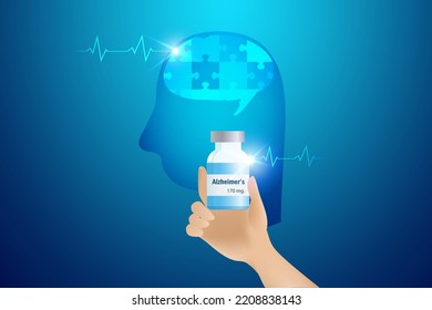 Alzheimer's medicine for dementia Alzheimer's diseases. Doctor hand hold Alzheimer's drug for senior patient who lost his memories in brain. World Alzheimer's day and  therapy treatment concept.