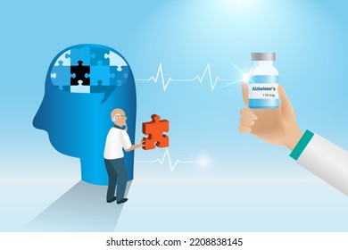 Alzheimer's medicine for dementia Alzheimer's diseases. Doctor hand hold Alzheimer's drug for senior patient who lost his memories in brain. World Alzheimer's day and treatment therapy concept.