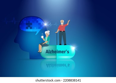 Alzheimer's medicine for dementia Alzheimer's diseases. Happy senior couple sit on Alzheimer's capsule pill to fight with memories and brain lost. World Alzheimer's day and therapy treatment concept. 