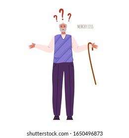 Alzheimers or Parkinsons disease - confused old man with dementia signs and symptoms, memory loss, aged senior men with mental problems - flat vector isolated on white