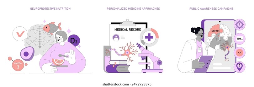Alzheimer's prevention and care set. Highlighting neuroprotective nutrition, personalized medicine, and awareness campaigns. Brain health promotion strategies. Vector illustration.