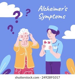 Alzheimer's symptoms vector poster. Dementia disease old female patient on doctor diagnostics. Elderly woman confused trying remember, memory loss. Brain disease amnesia in pensioner