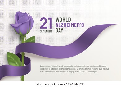 Alzheimer's world day horizontal poster with ribbon and rose on a light background. 21 September purple ribbon day. Vector illustration. Alzheimer disease awareness template with place for text.