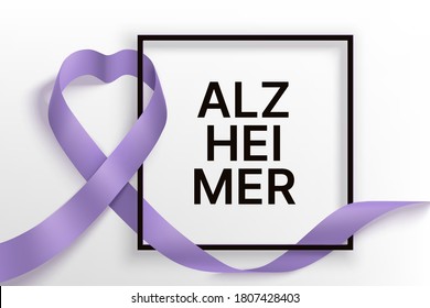 Alzheimer's world day horizontal poster with photorealistic purple ribbon, black frame and typography text Alzheimer on a light background.  Vector illustration.