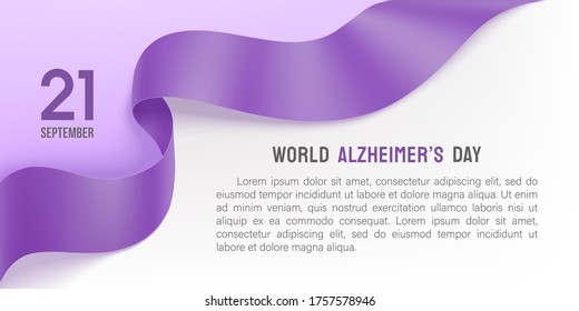 Alzheimer's world day poster with photorealistic ribbon and rose on a light background. 21 September purple ribbon day. Vector illustration. Alzheimer disease awareness template with place for text.