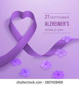 Alzheimer's world day September 21 card with photorealistic purple ribbon, Phlox flowers on a light purple background. Vector illustration.
