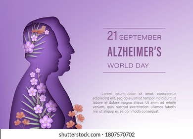 Alzheimer's world  day September 21. Elderly man and woman silhouettes in paper cut style with shadow on a purple background. Front view woman, man, flowers, branches, bird. Vector illustration.
