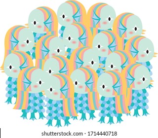 a lot of amabie gather.amabie:Yokai, japanese old monster illust.Yokai,ghost,pray calms the plague,amulet,charm.