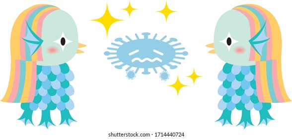 amabie and virus.amabie:Yokai, japanese old monster illust.Yokai,ghost,pray calms the plague,amulet,charm.