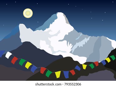 Ama-Dablam. Night landscape of Himalayas peak in Nepal vector illustration