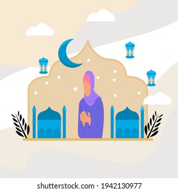 amadan Concept Illustration flat design, woman pray, mosque, moon, lamp and star.