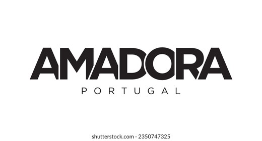 Amadora im portugiesischen Emblem für Druck und Web. Das Design zeichnet sich durch geometrischen Stil, Vektorgrafik mit gewagter Typografie in moderner Schrift aus. Grafische Slogan-Schrift einzeln auf weißem Hintergrund.